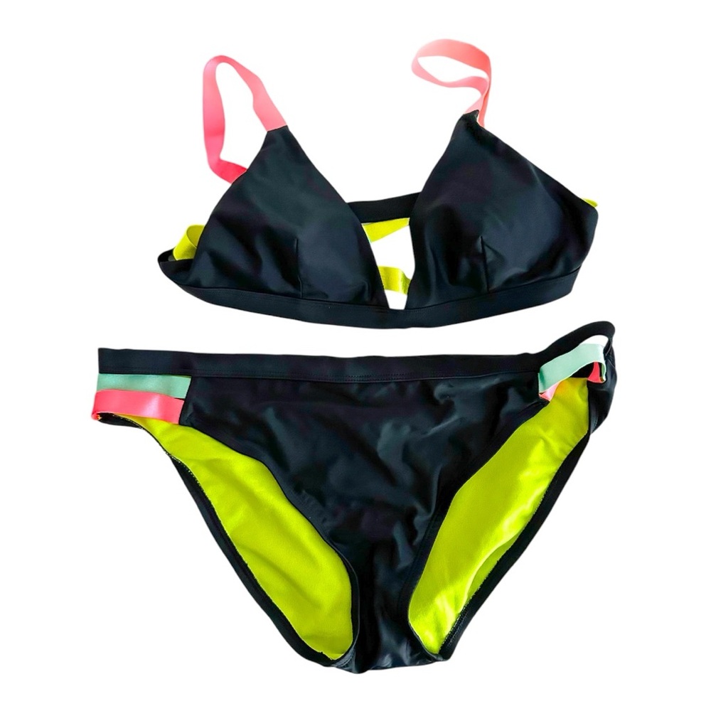Xhilaration Black with Neon Details Bikini Swim Set - Top Large / Bottom XL